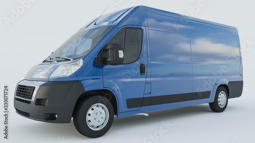 Blue Delivery Van on White Background 3D Rendering