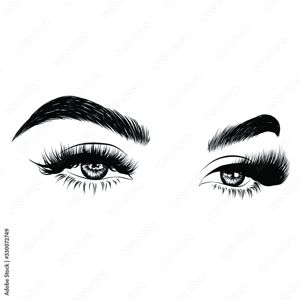 Fashion illustration of the eye with long full lashes. Hand drawn vector idea for business visфit cards, templates, web, salon banners,brochures. Natural eyebrows and modern makeup Fashion illustration of the eye with long full lashes. Hand drawn vector idea for business visфit cards, templates, web, salon banners,brochures. Natural eyebrows and modern makeup