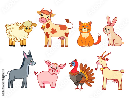 Cartoon collection of domestic animals on white background