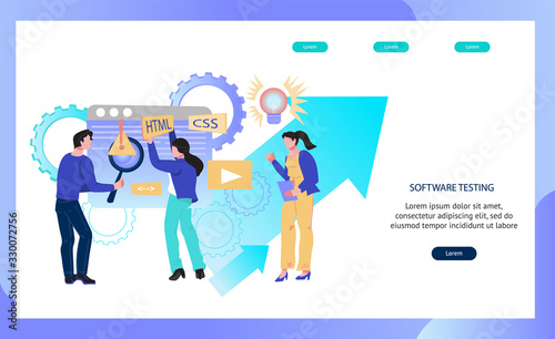 Software testing and site development banner template with programmers and testers busy with analysing website. Internet technology of programming and data optimization. Flat vector illustration.