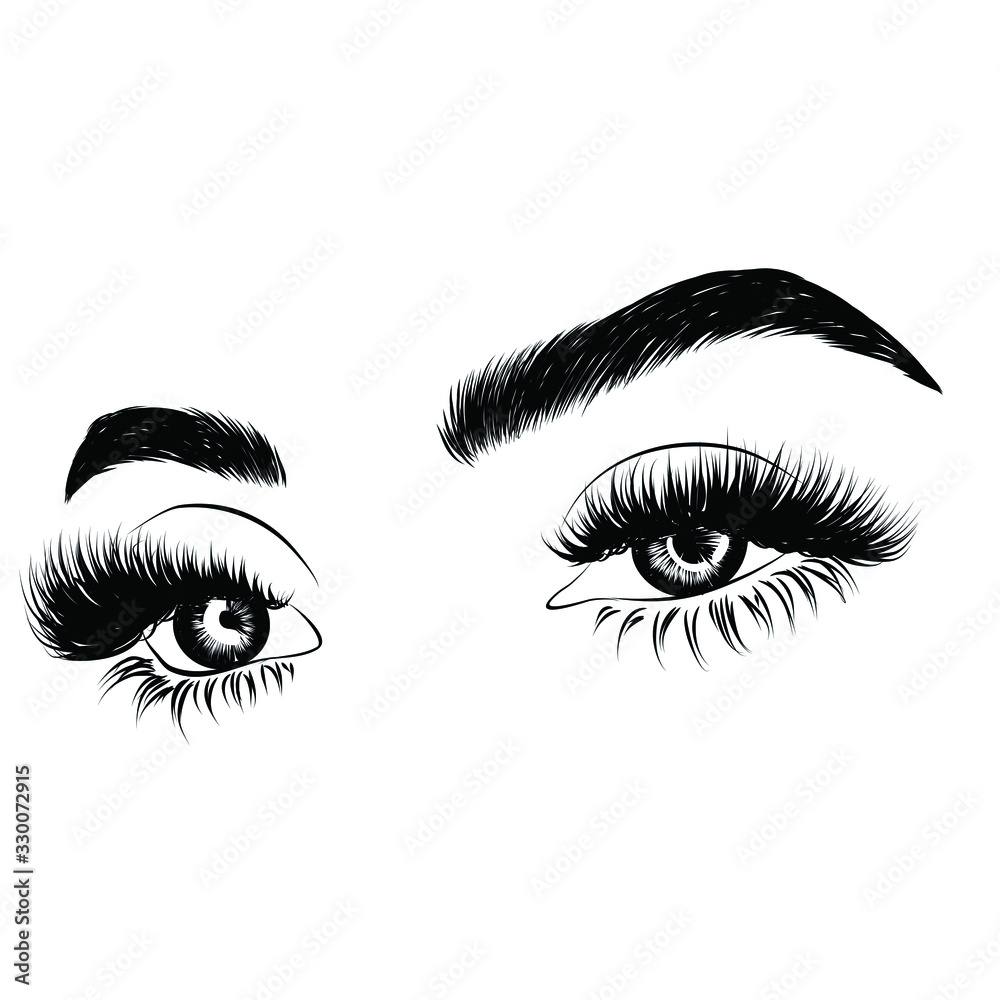 Fashion illustration of the eye with long full lashes. Hand drawn vector idea for business visфit cards, templates, web, salon banners,brochures. Natural eyebrows and modern makeup Fashion illustration of the eye with long full lashes. Hand drawn vector idea for business visфit cards, templates, web, salon banners,brochures. Natural eyebrows and modern makeup