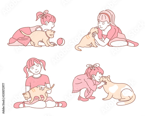 Little girl taking care of her cat