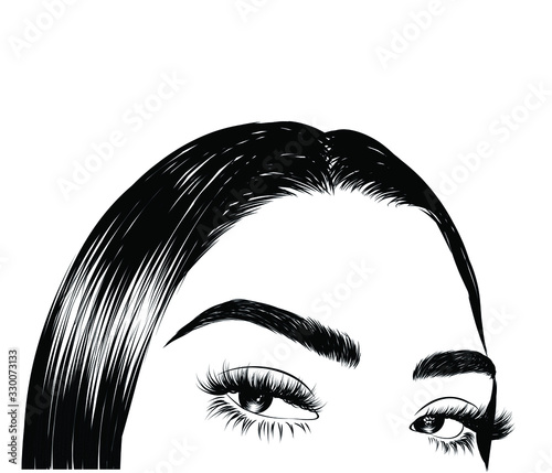 Modern sleek hairstyle of a beautiful girl and baby hairs. Glam eye look with full natural eyebrow and luxe eyelashes. Salon logo template for brochures