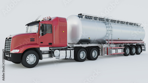 Fuel Tanker Truck with Red Cabin on White Background 3D Rendering