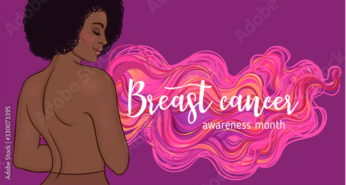October: Breast Cancer Awareness Month, annual campaign to increase awareness of the disease. African American woman with breast cancer awareness pink ribbon, vector illustration health, medicine