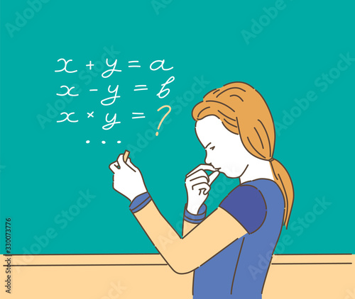 Vector cartoon illustration of school girl on lesson, sitting at desk and learning