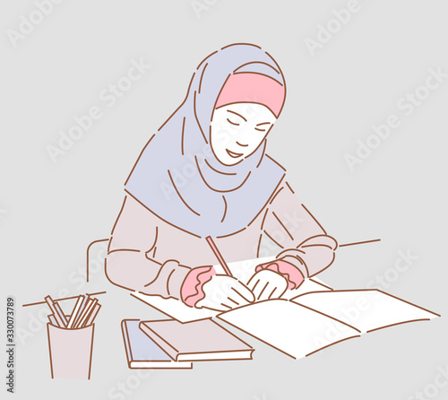 cartoon illustration of school girl on lesson, sitting at desk and learning