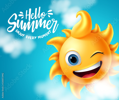 Summer vector banner design. Hello summer enjoy every moment text with sun character in cute facial expression with clouds element in sky background. Vector illustration. 
