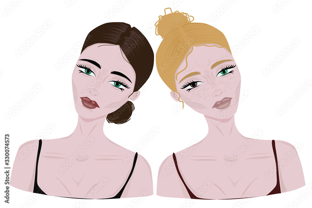 Two twins young lady, blonde and brunette with different color eyes Two twins young lady, blonde and brunette with different color eyes