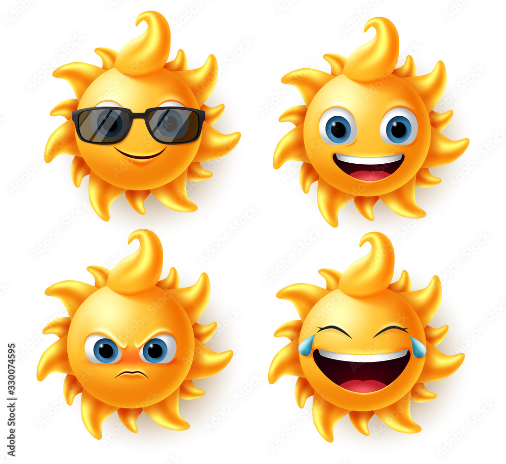 Sun character vector set. Sun cute summer characters in different expressions like angry, laughing and smiling in 3d realistic design isolated in white background. Vector illustrator. Sun character vector set. Sun cute summer characters in different expressions like angry, laughing and smiling in 3d realistic design isolated in white background. Vector illustrator.