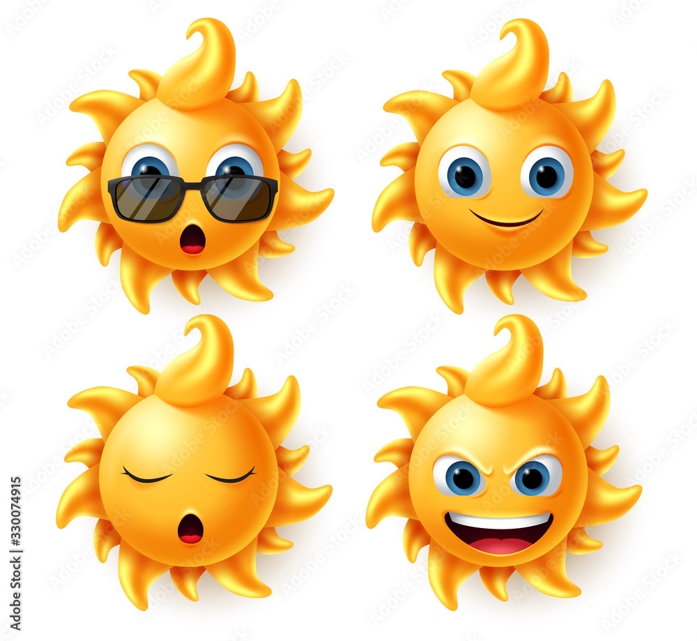 Sun characters vector set. Sun character in different facial expression like surprise, smiling, sleeping, and angry for summer emoji and emoticon isolated in white background. Vector illustration 