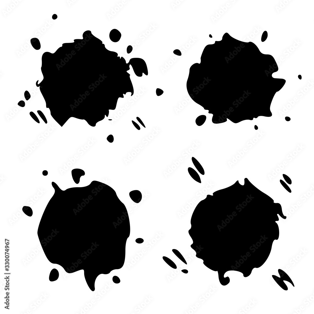 Set Black Blob Isolated on White. Ink splash. Brushes droplets. Digitally Generated Image. Illustration, EPS 10.