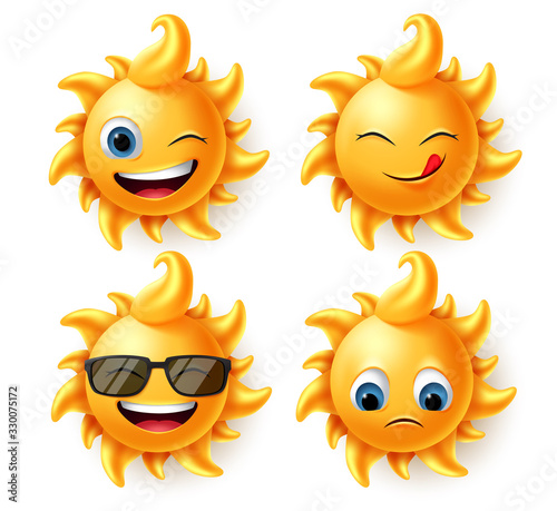 Sun summer character vector set. Sun cute characters in 3d realistic design with different expression like hungry, laughing, naughty and sad faces isolated in white background. Vector illustration. 
