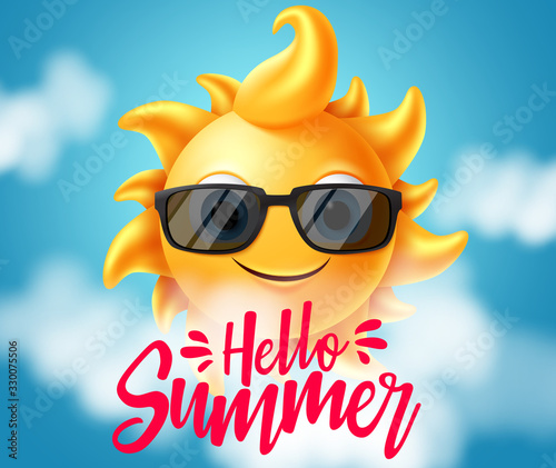 Hello summer vector banner design. Hello summer text with sun character in smiling facial expression wearing sunglasses with clouds element in blue background. Vector illustration. 