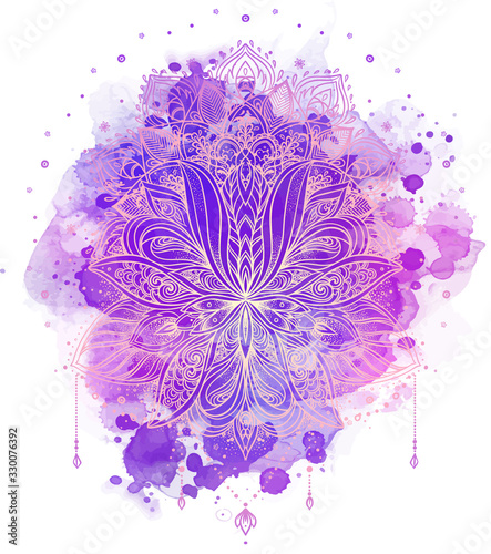 Lotus inspired ornate composition over colorful watercolor background. Hand d...