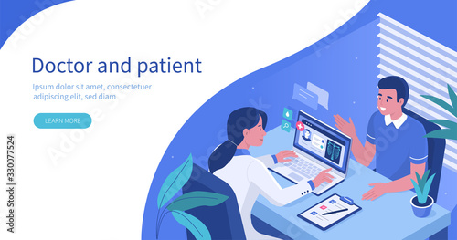 Man Talking with Woman Doctor in Office. Patient having Consultation about Disease Symptoms with Doctor Therapist in Hospital. Medical People Characters.  Flat Isometric Vector  Illustration.