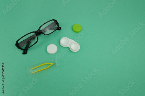 Optician flat lay background. Concept of optics. Copy space.