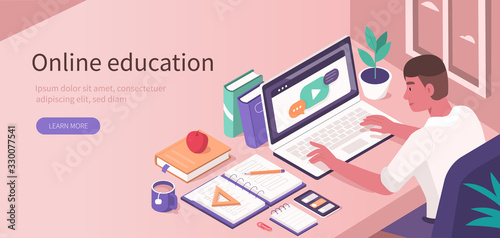 Student Learning Online at Home. Character Sitting at Desk, Looking at Laptop and Studying with  Smartphone, Books and Exercise Books. Online Education Concept. Flat Isometric Vector  Illustration.