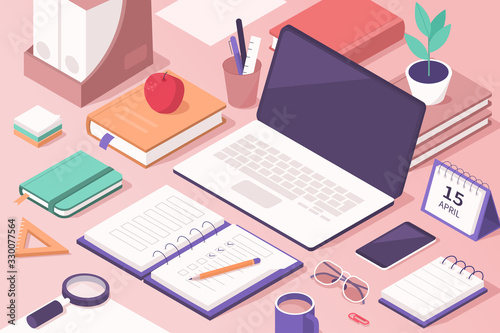 Students Work Desk with Educational Supplies. Laptop, Smartphone, Books, Exercise Books and other Stuff for Learning. Office Workplace. Online Education Concept. Flat Isometric Vector  Illustration.