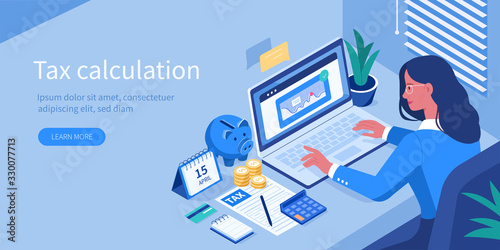 Financial Consultant sitting at Office Desk with  Documents for Tax Calculation. Woman Preparing Financial Tax Report. Accountant  at Work. Accounting Concept. Flat Isometric Vector Illustration. photo