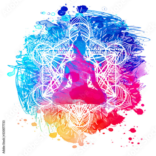 Buddha over watercolor background. Vector illustration. Vintage decorative composition. Indian, Buddhism, Spiritual motifs. Tattoo, yoga, spirituality..
