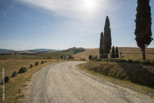 Magnificent Tuscan rolling hills landscape in the Val d Orcia Valley. World heritage site in Tuscany Italy on July 2019