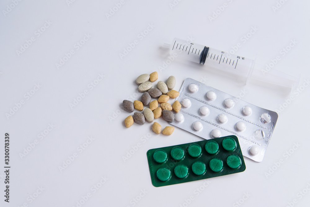 Respirator Mask and Medical Equipment and Medication with Text Space on white background. Cornonavirus. Pandemic. Flu Epidemic. Pandemic preparation. copy space Respirator Mask and Medical Equipment and Medication with Text Space on white background. Cornonavirus. Pandemic. Flu Epidemic. Pandemic preparation. copy space
