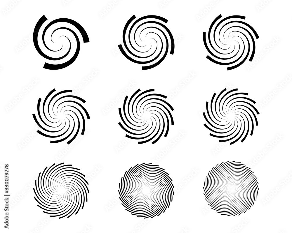 Spiral and swirl motion twisting circles design element set. Vector illustration. Spiral and swirl motion twisting circles design element set. Vector illustration.