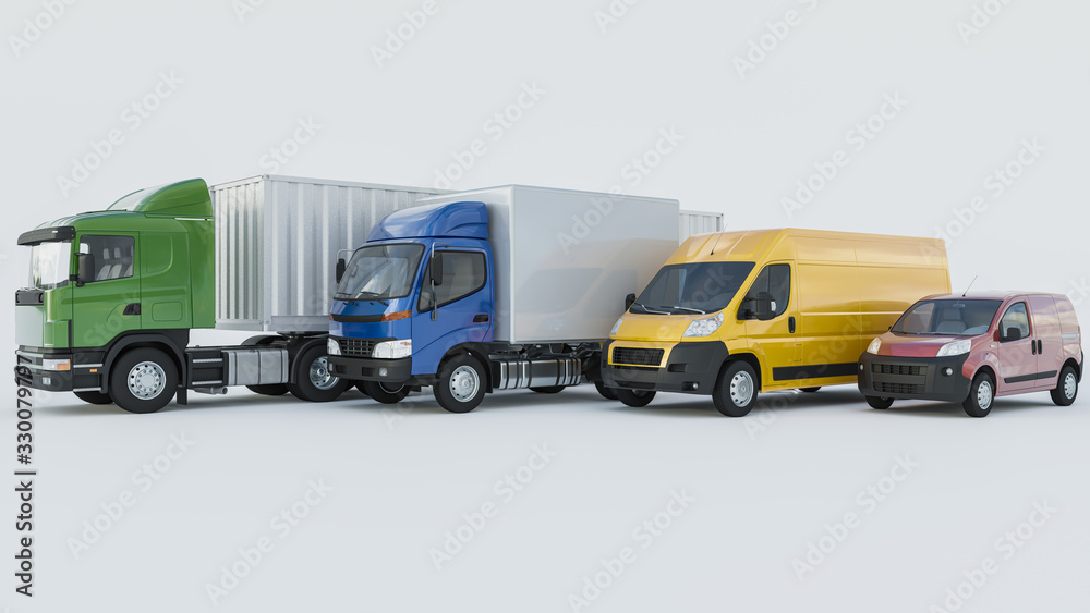 Trucks and Delivery Vans in Various Colors on White Background 3D Rendering