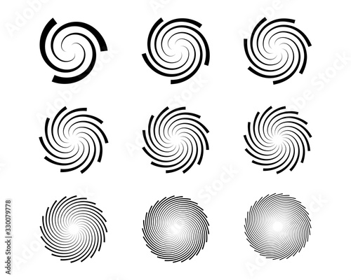 Spiral and swirl motion twisting circles design element set. Vector illustration.