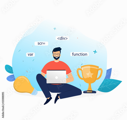 Young bearded man programmer sitting with his laptop and working with a smile. Elements of computer code, light bulb for Eureka ideas and golden cup for winning the Hackathons. Flat vector on white