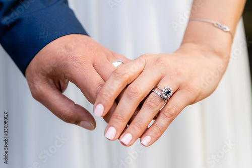 Details of the hands of the bride and groom and their wedding rings