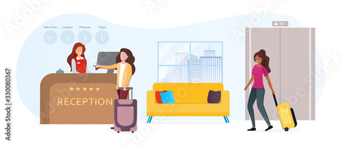 Image of two women tourists with suitcases arriving at hotel reception, and talking to the receptionist girl