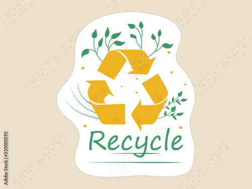 Eco friendly yellow triangular recycling symbol surrounded with green twigs, and underlined green Recycle sign for ecological design and zero waster lifestyle