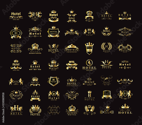 Golden Hotel Luxury Logo Set - Isolated On Black Background, Vector.Icons Collection Of Golden Hotel Logo, Emblem And Label.Useful For Badge,Seal And Design Template.Vector Illustration Of Luxury Logo