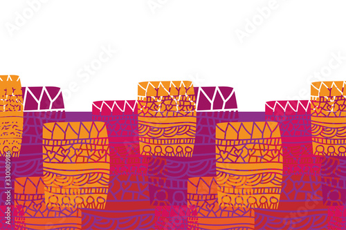 Graffiti Party Border-Geometric Patchwork seamless repeat pattern in pink,green,orange, yellow and purple .