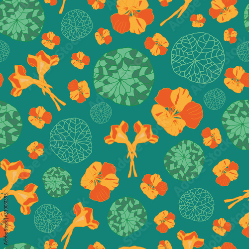 Garden Nasturtium-Flowers in Bloom seamless repeat pattern Background in yellow,orange and green