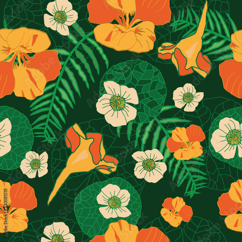 Nasturtium Garden-Flowers in Bloom seamless repeat pattern Background in yellow,orange,white and green