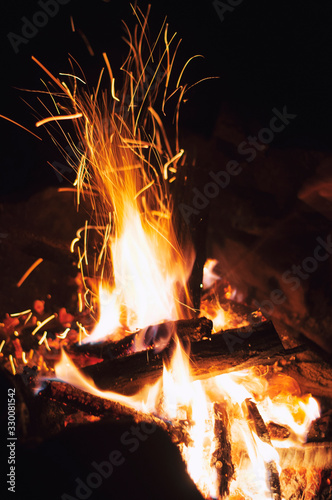 Fire wood brighly burning in furnace. Firewood burn in rural oven. Burning firewood in fireplace closeup. Fire and flames. Close up of burning fire wood in fireplace