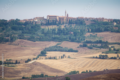 Magnificent Tuscan rolling hills landscape in the Val d"Orcia Valley. World heritage site in Tuscany Italy on July 2019