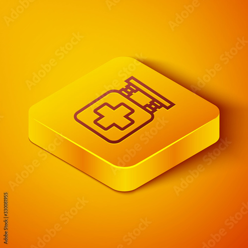 Isometric line Hospital signboard icon isolated on orange background. Yellow square button. Vector Illustration