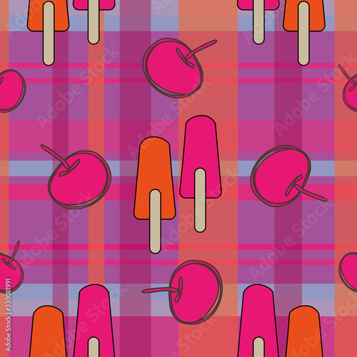 Cherry Ice Pop Tartan-Sweet Dreams seamless repeat pattern illustration.Background in pink,orange,green, cream and brown