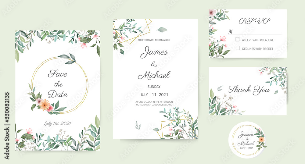 Wedding Invitation Card Set Decorated with green leaves, beautiful leaf design, white background
