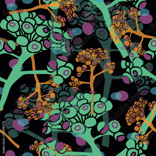 Modern Buds-Flowers in Bloom seamless repeat pattern background in yellow,purple,green,petrol blue& black