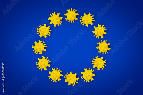 Corona Virus symbol blue yellow european union EU flag europe background. Cornavirus COVID-19 global outbreak pandemic epidemic medical concept.