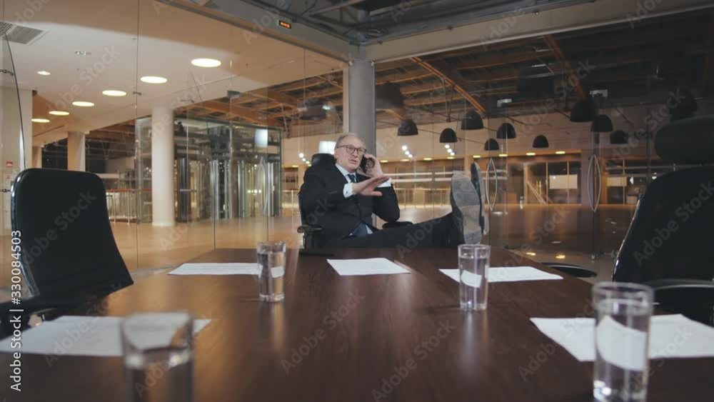 Mature business man in formal suit talking over phone in modern office Mature business man in formal suit talking over phone in modern office