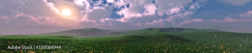 Beautiful panorama of a green meadow with flowers at sunset  panorama on the sunset lawn  meadow at sunrise  light in the sky with clouds over the meadow