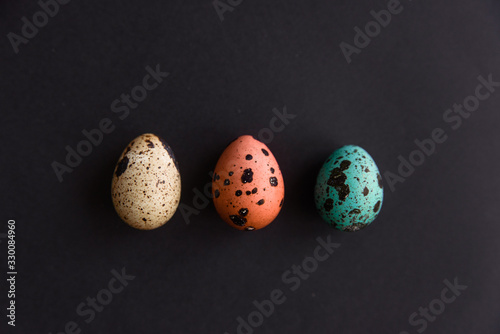 Three small red, blue and brown quail Easter fresh organic eggs on black background with copy space.