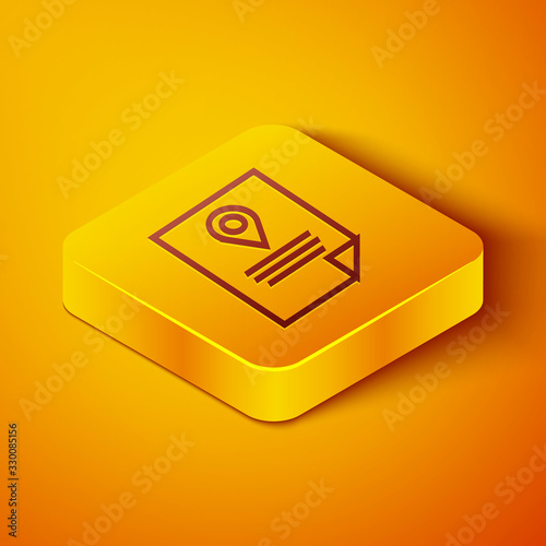 Isometric line Document tracking marker system icon isolated on orange background. Parcel tracking. Yellow square button. Vector Illustration