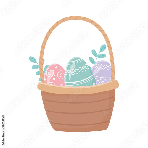 happy easter basket with eggs foliage decoration